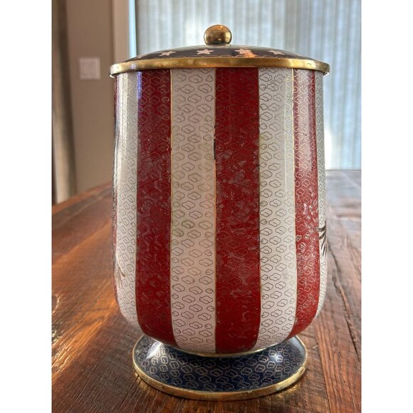 Patriotic Cloisonné  Striped Metal Eagle Adult Urn With Lid - Picture 5 of 12